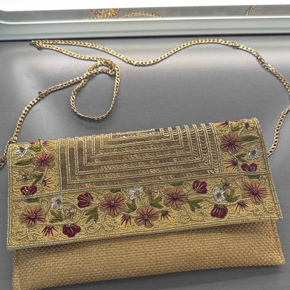 Elegant Gold Floral Embroidered Clutch